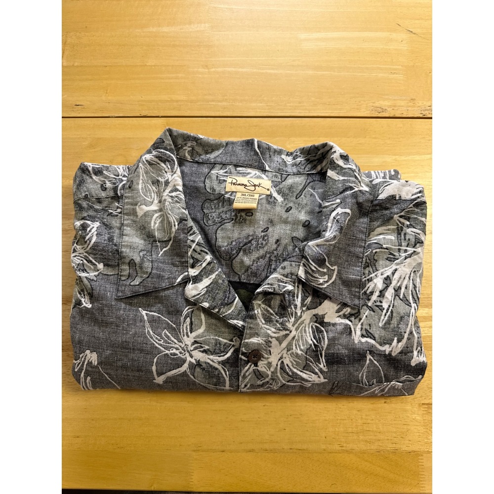 Panama Jack Mens 3XL Grey Floral Tropical Ramie Cotton Short Sleeve Camp Shirt